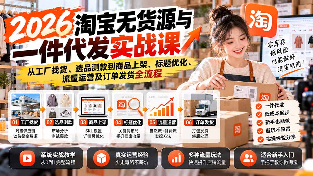 2026淘宝无货源与一件代发实战课：从工厂找货、选品测款到商品上架、标题优化、流量运营及订单发货全流程-轻创终点站
