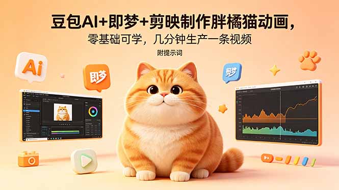 豆包AI+即梦+剪映制作胖橘猫动画，零基础可学，几分钟生产一条视频，附提示词-源创文化:轻创终点站