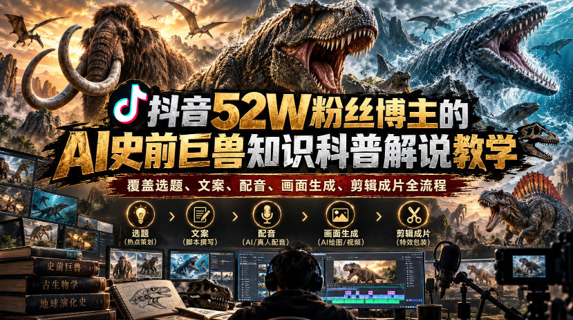 抖音52W粉丝博主的AI史前巨兽知识科普解说教学，覆盖选题、文案、配音、画面生成、剪辑成片全流程-轻创终点站