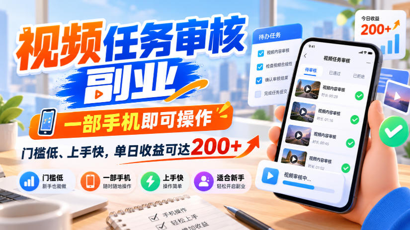 视频任务审核副业，一部手机即可操作，门槛低、上手快，单日收益可达200+【揭秘】-轻创终点站