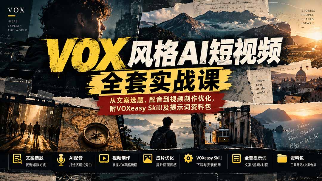 【无水印】VOX风格AI短视频全套实战课：从文案选题、配音到视频制作优化，附VOXeasy Skill及提示词资料包-轻创终点站