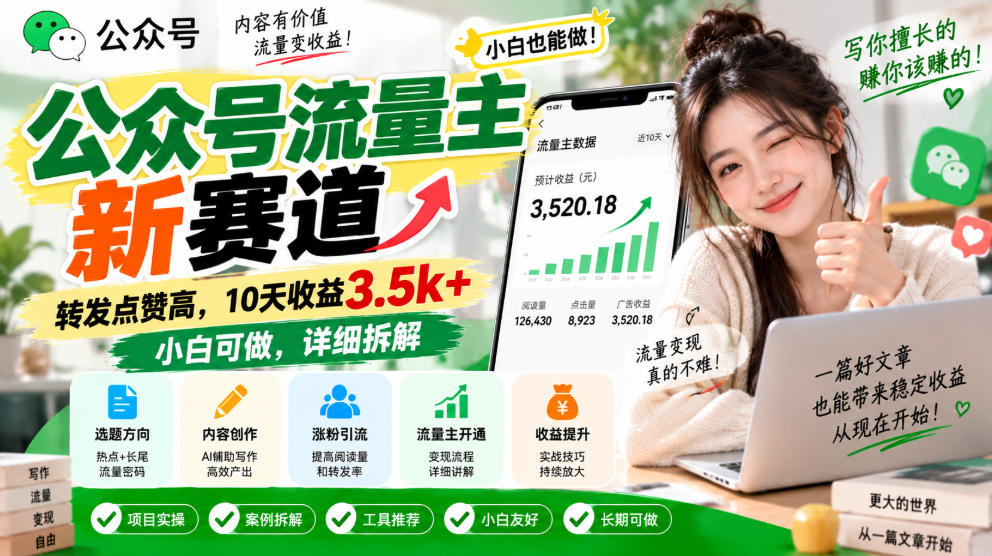 公众号流量主新赛道，转发点赞高，10天收益3.5k+小白可做，详细拆解-轻创终点站