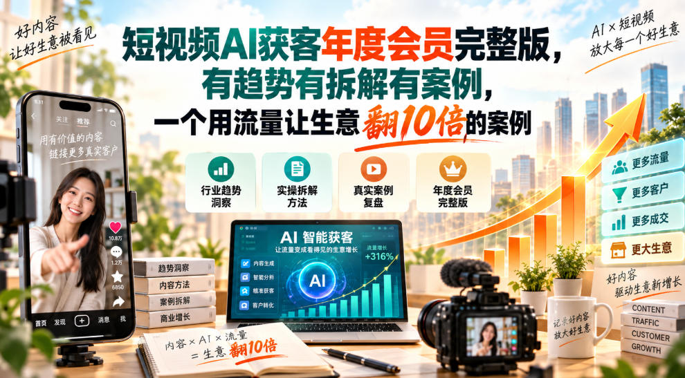 短视频AI获客年度会员完整版，有趋势有拆解有案例，一个用流量让生意翻10倍的案例-轻创终点站