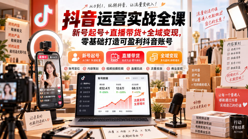 抖音运营实战全课｜新号起号+直播带货+全域变现，零基础打造可盈利抖音账号-轻创终点站