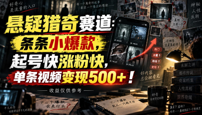 悬疑猎奇赛道：条条小爆款，起号快涨粉快，单条视频变现500+！收益仅供参考-轻创终点站