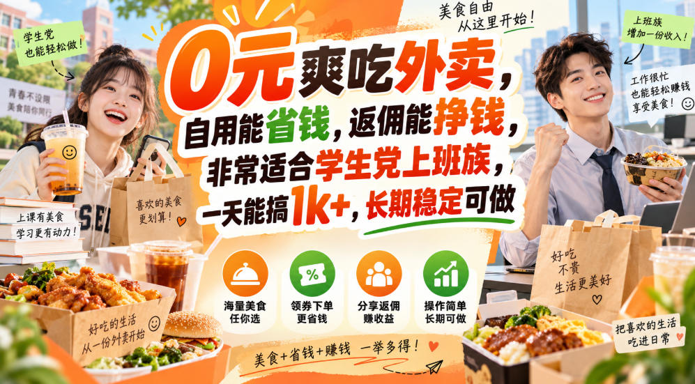 0元爽吃外卖，自用能省钱，返佣能挣钱，非常适合学生党上班族，一天能搞1k+，长期稳定可做-轻创终点站