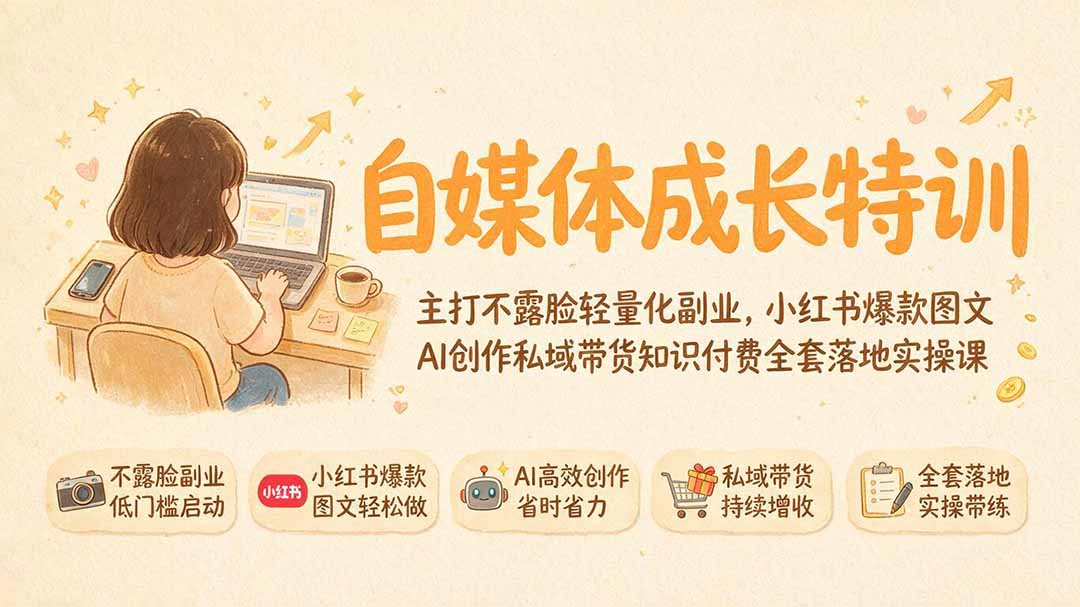 自媒体成长特训｜主打不露脸轻量化副业，小红书爆款图文AI创作私域带货知识付费全套落地实操课-轻创终点站