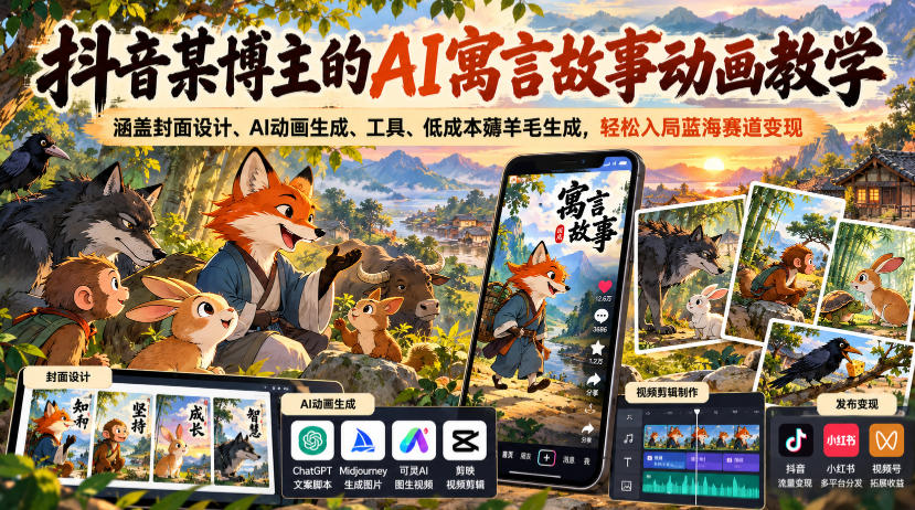 抖音某博主的AI寓言故事动画教学，涵盖封面设计、AI动画生成、工具、低成本薅羊毛生成，轻松入局蓝海赛道变现-轻创终点站