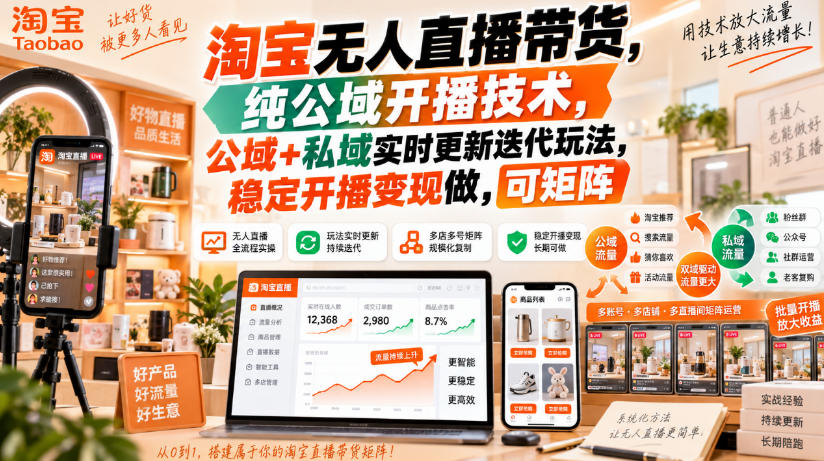 淘宝无人直播带货，纯公域开播技术，公域+私域实时更新迭代玩法，稳定开播变现做，可矩阵【揭秘】-轻创终点站