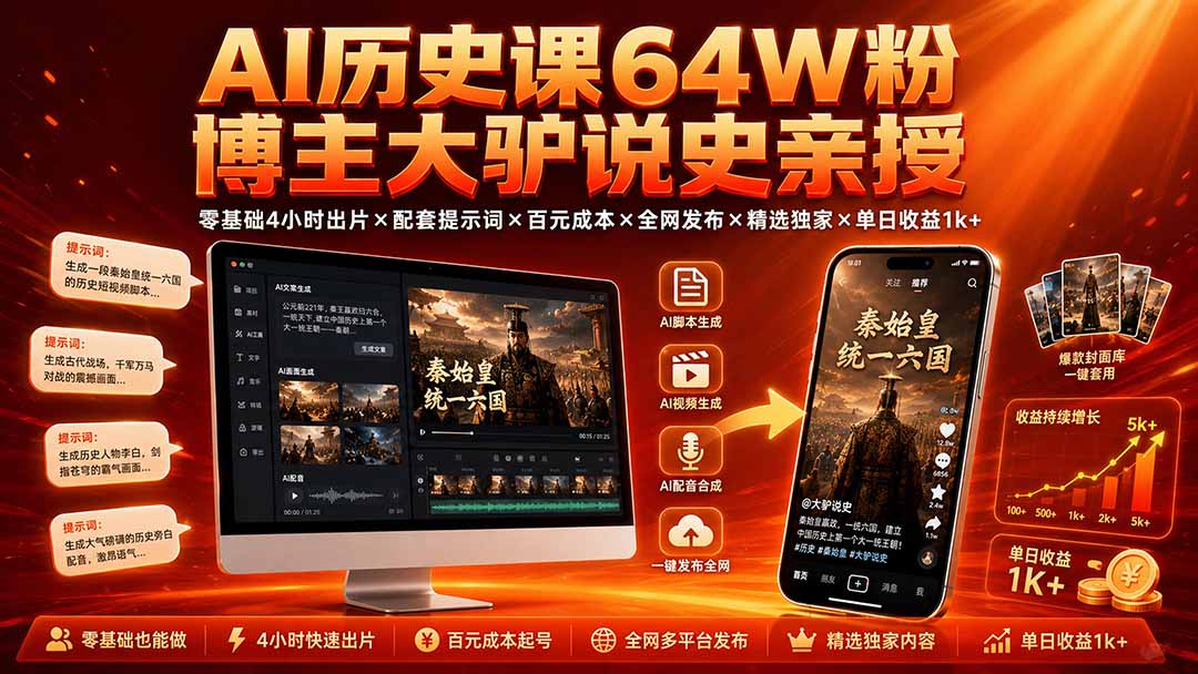 AI历史课64W粉博主大驴说史亲授：零基础4小时出片×配套提示词×百元成本×全网发布×精选独家×单日收益1k+-轻创终点站