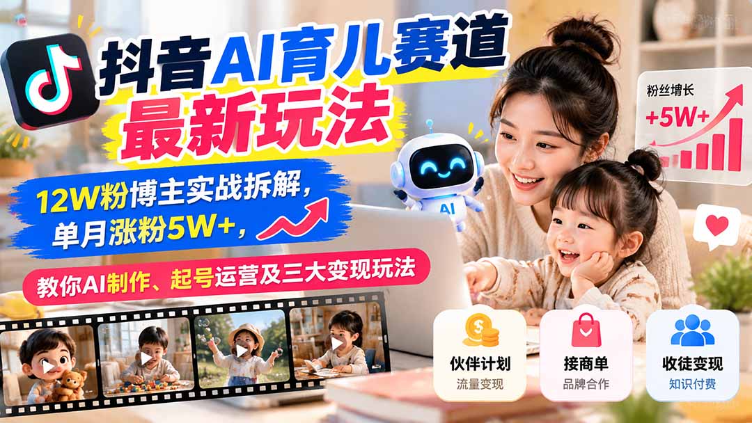 抖音AI育儿赛道最新玩法：12W粉博主实战拆解，单月涨粉5W+，教你AI制作、起号运营及三大变现玩法-轻创终点站