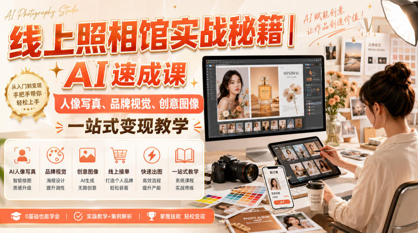 线上照相馆实战秘籍｜AI速成课，人像写真、品牌视觉、创意图像一站式变现教学-轻创终点站