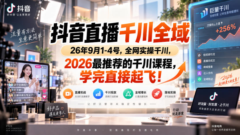 抖音直播千川全域26年9月1-4号，全网实操千川，2026最推荐的千川课程，学完直接起飞！-轻创终点站