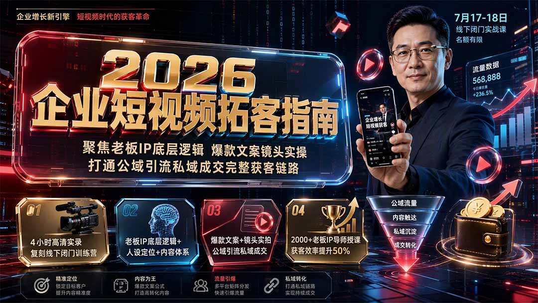 2026企业短视频拓客指南：聚焦老板IP底层逻辑，爆款文案镜头实操，打通公域引流私域成交完整获客链路-轻创终点站
