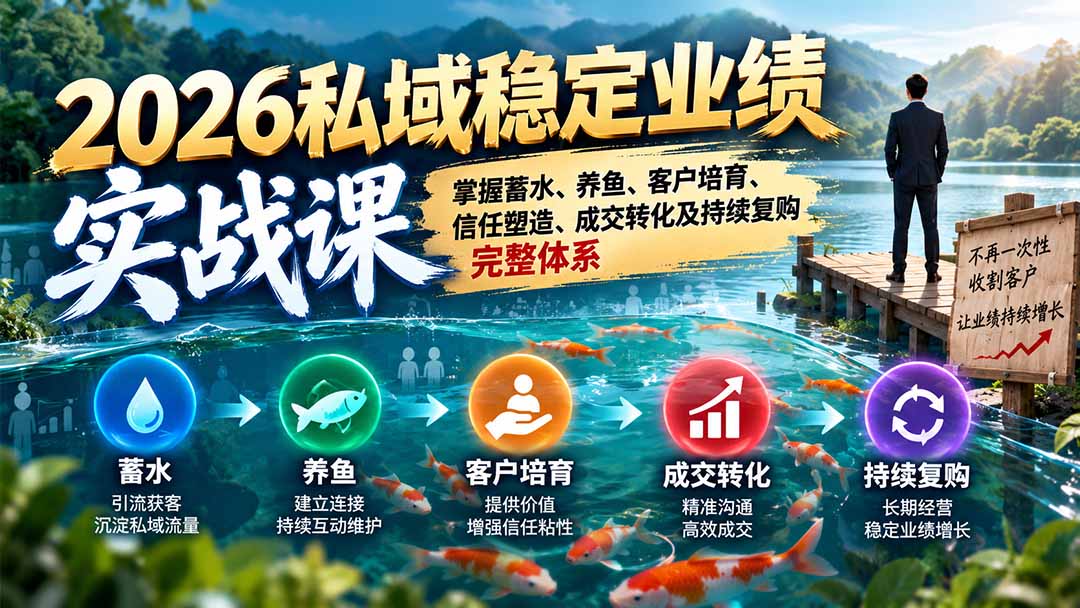 2026私域稳定业绩实战课：掌握蓄水、养鱼、客户培育、信任塑造、成交转化及持续复购完整体系-轻创终点站