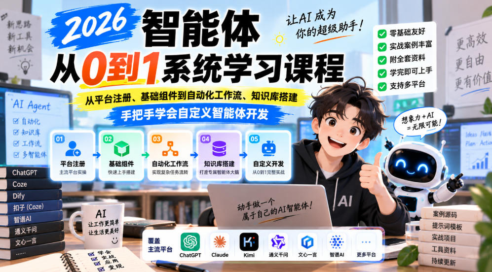 2026智能体从0到1系统学习课程，从平台注册、基础组件到自动化工作流、知识库搭建，手把手学会自定义智能体开发-轻创终点站