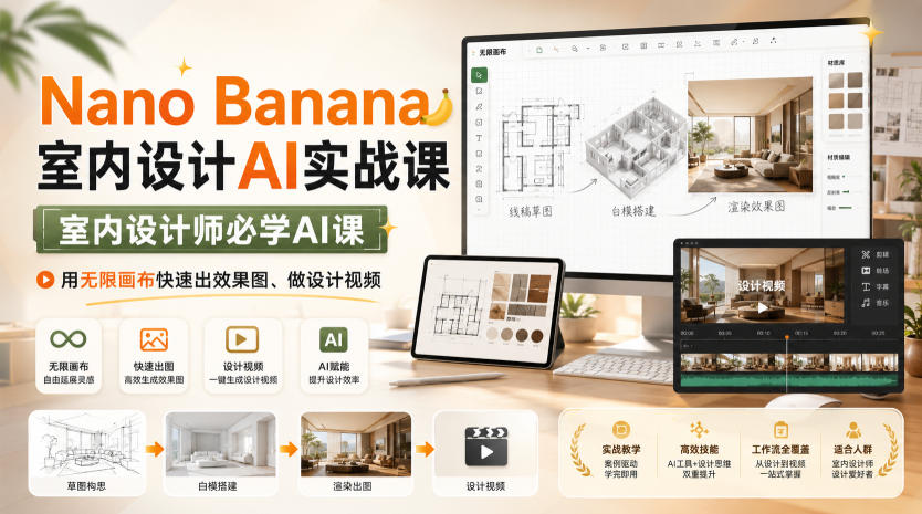 Nano Banana室内设计AI实战课，室内设计师必学AI课，用无限画布快速出效果图、做设计视频-轻创终点站