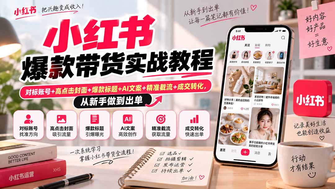 小红书爆款带货实战教程｜对标账号+高点击封面+爆款标题+AI文案+精准截流+成交转化，从新手做到出单-轻创终点站