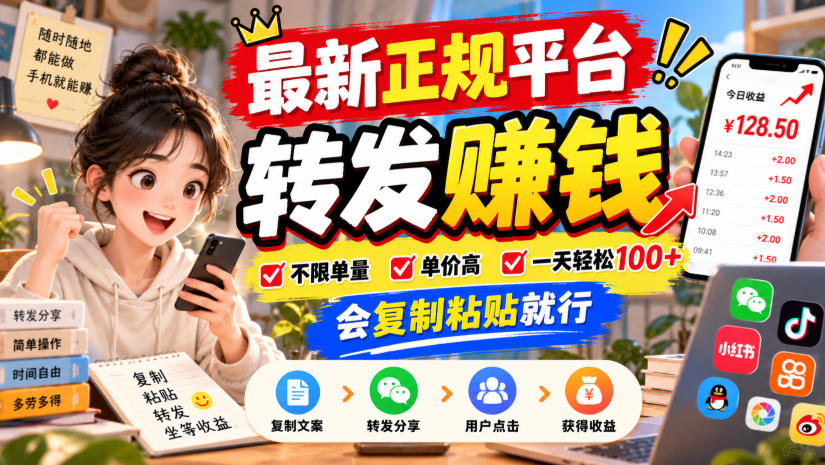 最新正规平台，转发賺钱，不限单量，单价高，一天轻松100+，会复制粘贴就行【揭秘】-轻创终点站