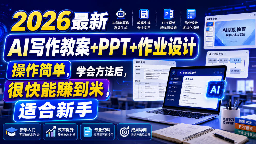 2026最新AI写作教案+PPT+作业设计，操作简单，学会方法后，很快能賺到米，适合新手-轻创终点站