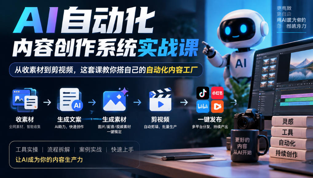 AI自动化内容创作系统实战课，从收素材到剪视频，这套课教你搭自己的自动化内容工厂-轻创终点站