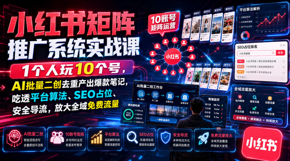 小红书矩阵推广系统实战课｜1个人玩10个号，AI批量二创去重产出爆款笔记，吃透平台算法、SEO占位、安全导流，放大全域免费流量-轻创终点站