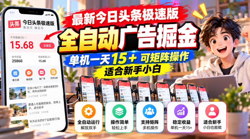 最新今日头条极速版全自动广告掘金，单机一天15+可矩阵操作适合新手小白-轻创终点站