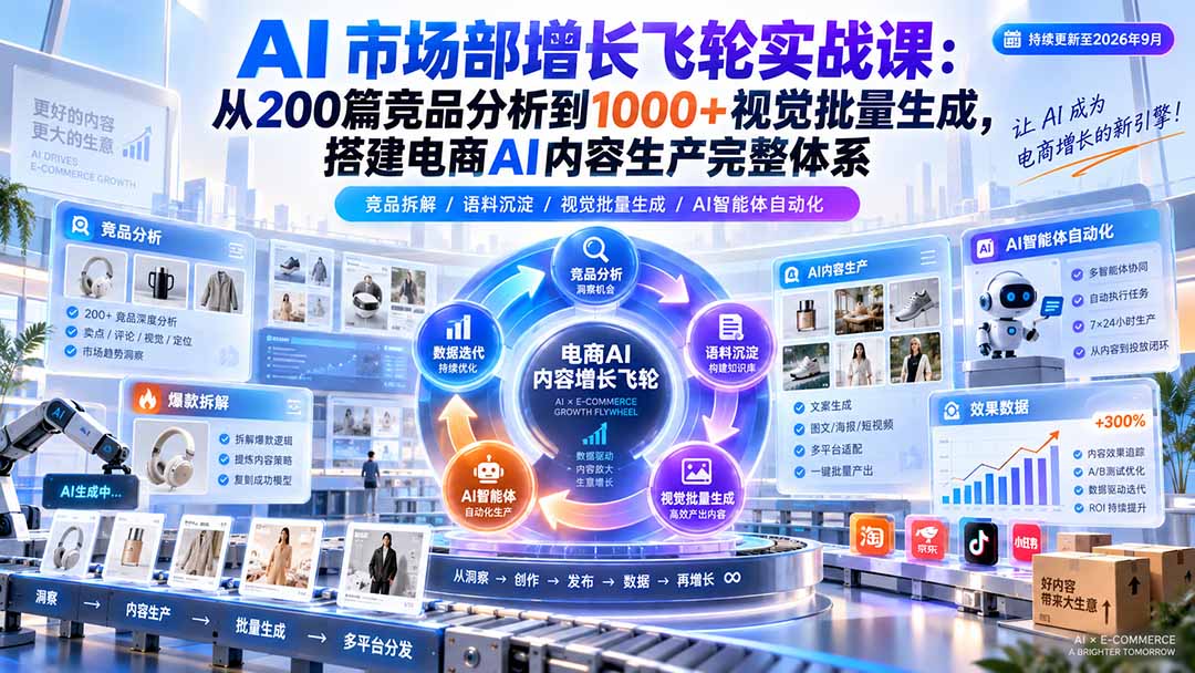 AI 市场部增长飞轮实战课：从200篇竞品分析到1000+视觉批量生成，搭建电商AI内容生产完整体系-轻创终点站