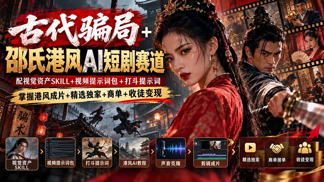 古代骗局+邵氏港风AI短剧赛道:配视觉资产SKILL+视频提示词包+打斗提示词,掌握港风成片+精选独家+商单+收徒变现-轻创终点站