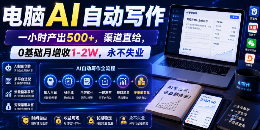 电脑AI自动写作，一小时产出500+，渠道直给，0基础月增收1-2W，永不失业【揭秘】-源创文化:轻创终点站