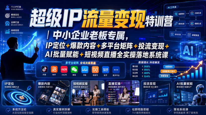 超级IP流量变现特训营｜中小企业老板专属，IP定位+爆款内容+多平台矩阵+投流变现+AI批量赋能+短视频直播全实操落地系统课-轻创终点站