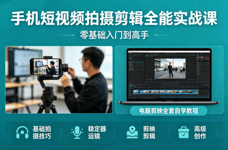 手机短视频拍摄剪辑全能实战课：零基础入门到高手，稳定器运镜+电脑剪映全套自学教程-源创文化:轻创终点站