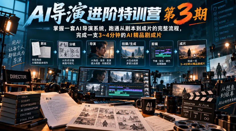 AI导演进阶特训营第3期，掌握一套AI导演系统，跑通从剧本到成片的完整流程，完成一支3~4分钟的AI精品剧成片(附1、2期)-轻创终点站