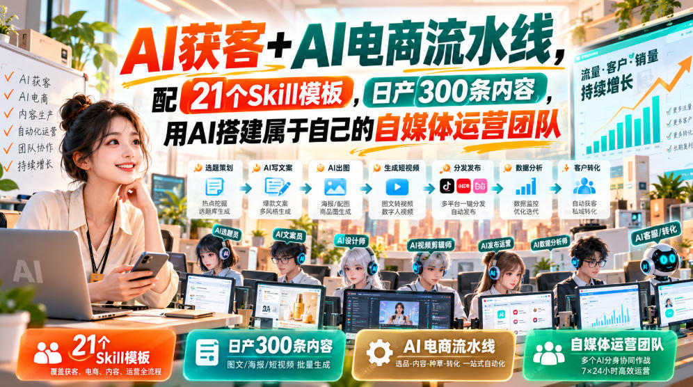AI获客+AI电商流水线，配21个Skill模板，日产300条内容，用AI搭建属于自己的自媒体运营团队-轻创终点站