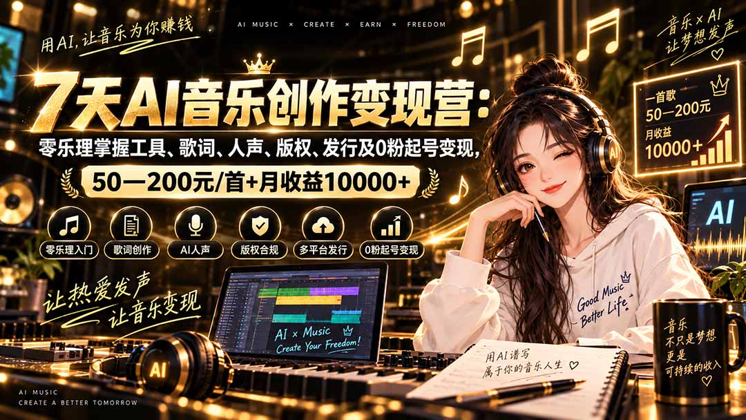 AI音乐创作变现营：零乐理掌握工具、歌词、人声、版权、发行及0粉起号变现，50—200元/首+月收益10000+-轻创终点站