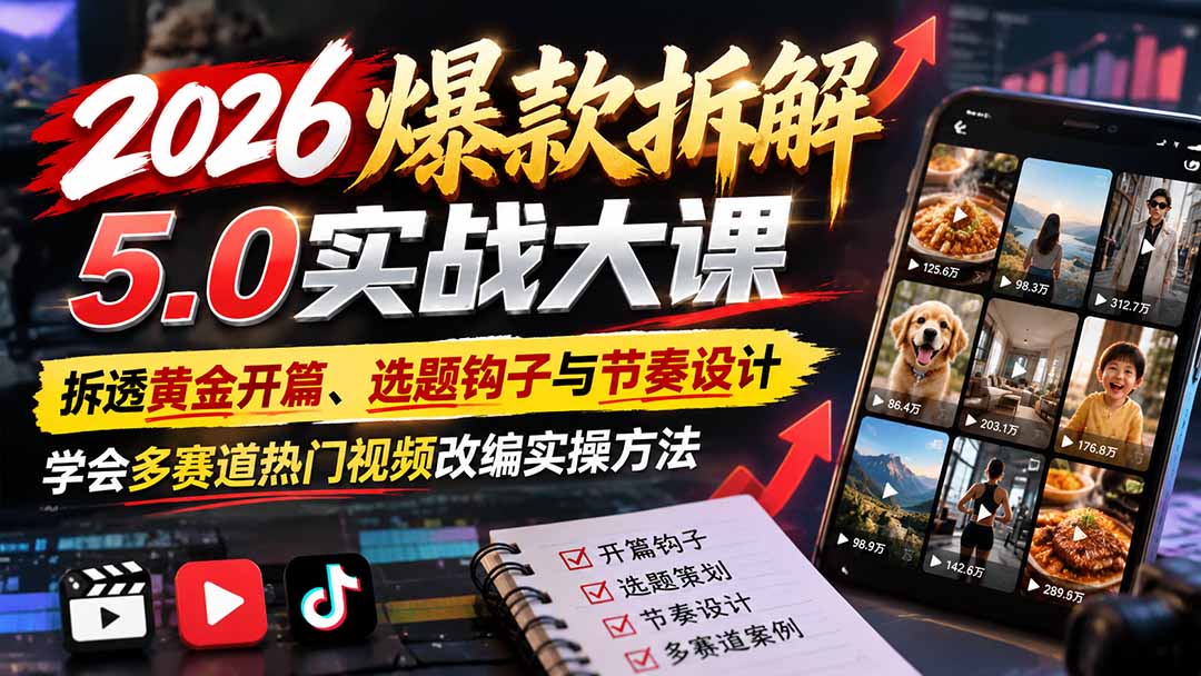 2026爆款拆解5.0实战大课：拆透黄金开篇、选题钩子与节奏设计，学会多赛道热门视频改编实操方法-轻创终点站