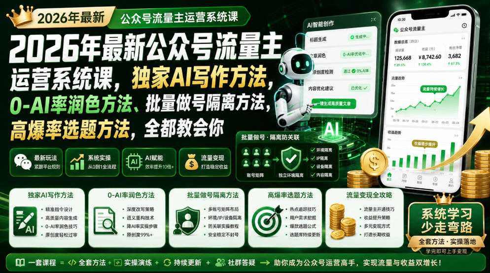 2026年最新公众号流量主运营系统课,独家AI写作方法,0-AI率润色方法、批量做号隔离方法、高爆率选题方法,全都教会你(更新1009)-轻创终点站