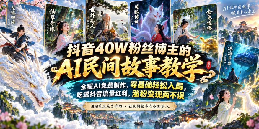 抖音40W粉丝博主的AI民间故事教学，全程AI免费制作，零基础轻松入局，吃透抖音流量红利，涨粉变现两不误-轻创终点站