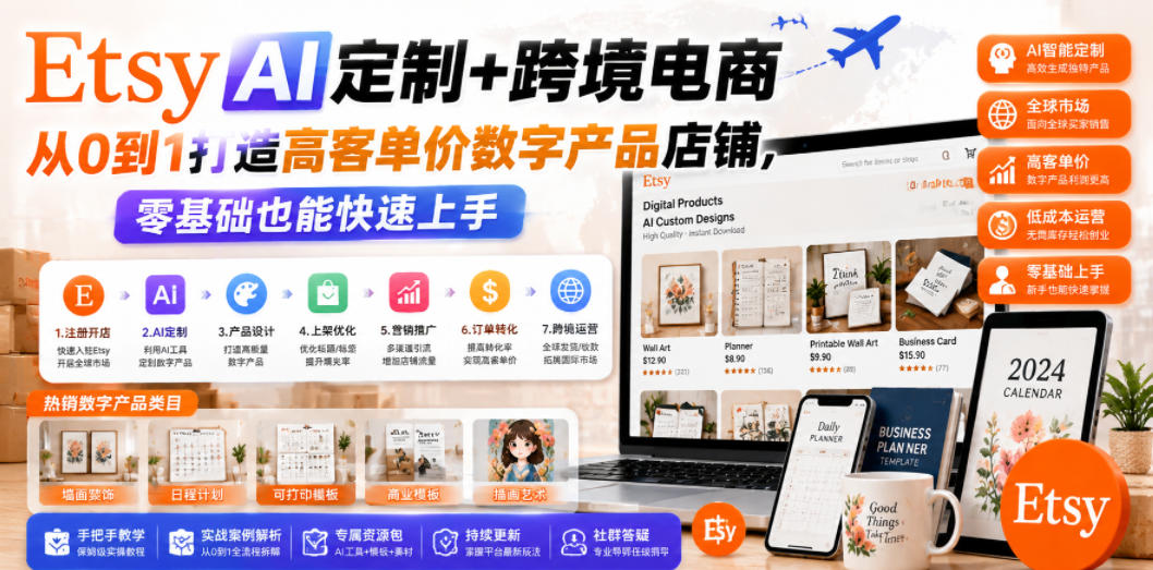 Etsy AI定制+跨境电商，从0到1打造高客单价数字产品店铺，零基础也能快速上手-源创文化:轻创终点站