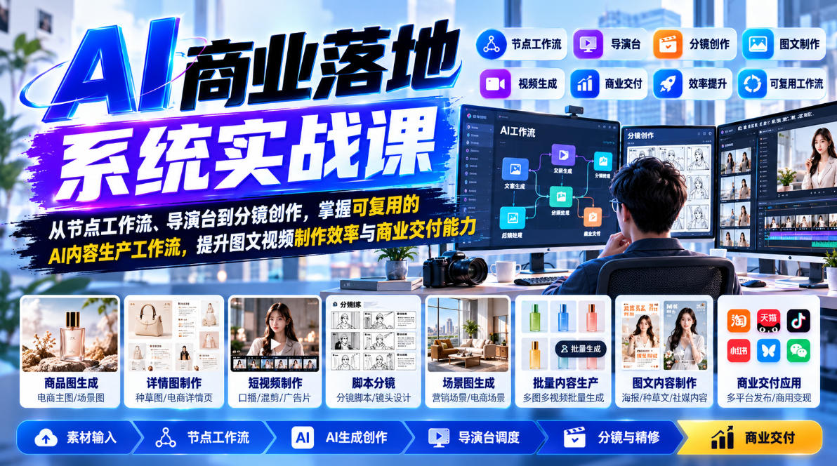【无水印】AI商业落地系统实战课，从节点工作流、导演台到分镜创作，掌握可复用的AI内容生产工作流，提升图文视频制作效率与商业交付能力-轻创终点站