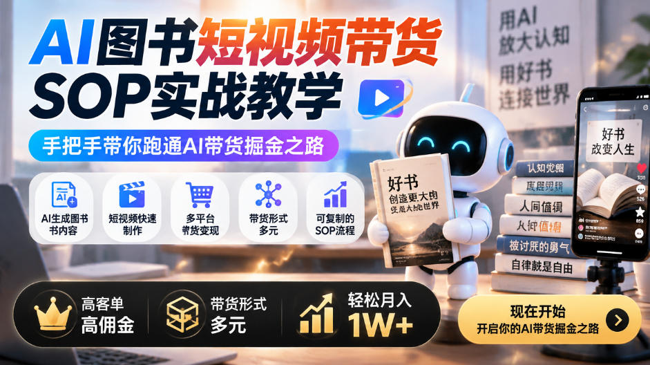 AI图书短视频带货SOP实战教学，手把手带你跑通AI带货掘金之路，高客单高佣金，带货形式多元，轻松月入1W+-轻创终点站