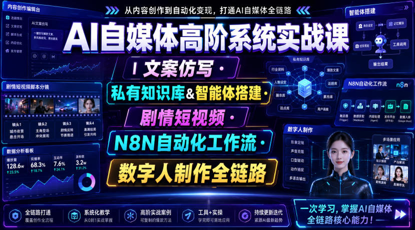 AI自媒体高阶系统实战课｜文案仿写・私有知识库&智能体搭建・剧情短视频・N8N自动化工作流・数字人制作全链路-轻创终点站