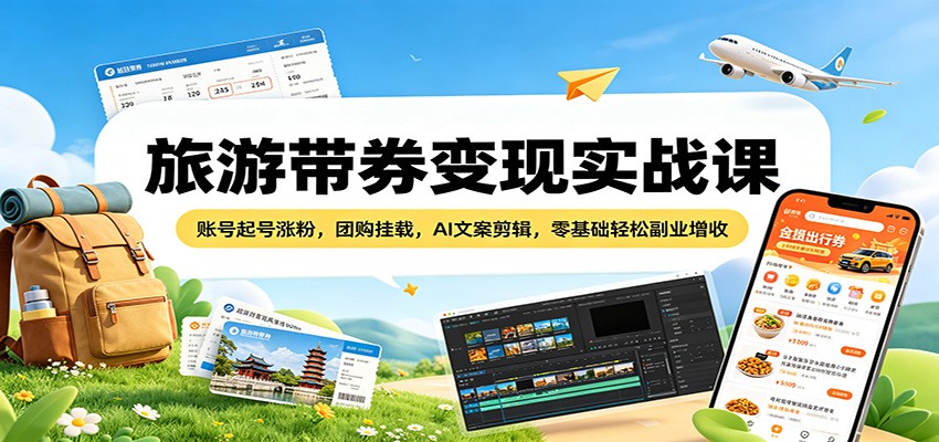旅游带券变现实战课：账号起号涨粉，团购挂载，AI文案剪辑，零基础轻松副业增收-源创文化:轻创终点站