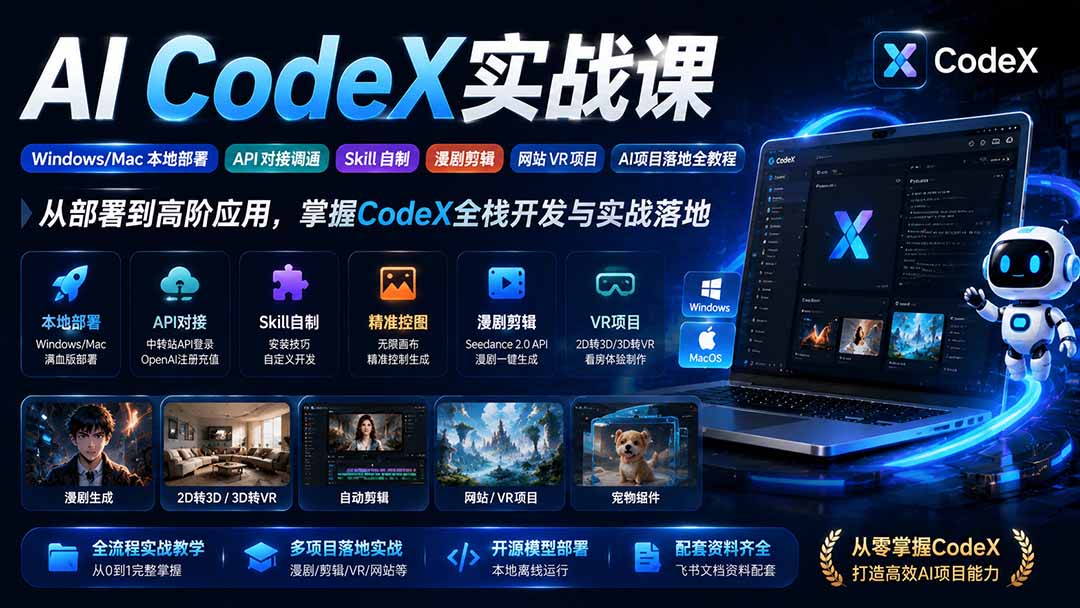 AI  CodeX实战课｜Windows/Mac 本地部署｜API 对接调通｜Skill 自制｜漫剧剪辑｜网站 VR 项目｜AI项目落地全教程-轻创终点站