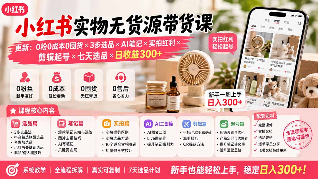 小红书实物无货源带货课-更新：0粉0成本0囤货×3步选品×AI笔记×实拍红利×剪辑起号×七天选品×日收益300+-轻创终点站