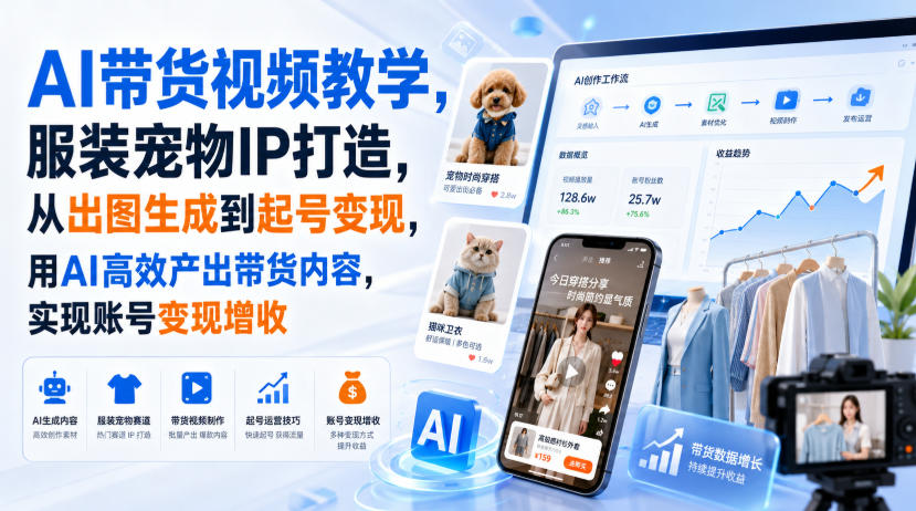 AI带货视频教学，服装宠物IP打造，从出图生成到起号变现，用AI高效产出带货内容，实现账号变现增收-轻创终点站