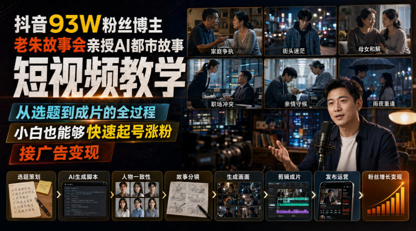 抖音93W粉丝博主老朱故事会亲授AI都市故事短视频教学，从选题到成片的全过程，小白也能够快速起号涨粉接广告变现-轻创终点站