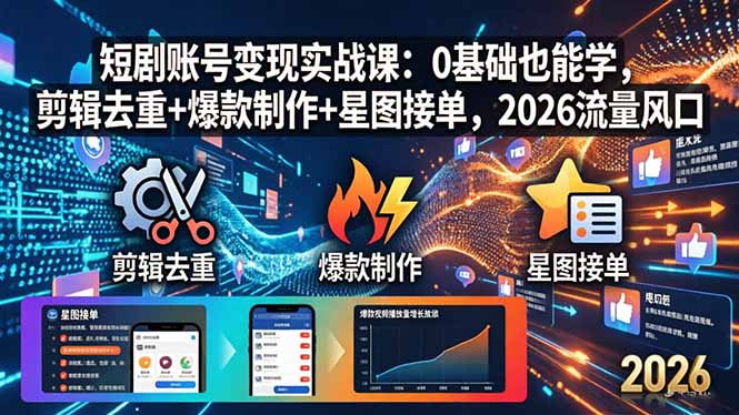 短剧账号变现实战课：0基础也能学，剪辑去重+爆款制作+星图接单，2026流量风口-源创文化:轻创终点站