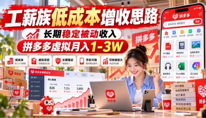 工薪族低成本增收思路，长期稳定被动收入，拼多多虚拟月入1-3W-轻创终点站