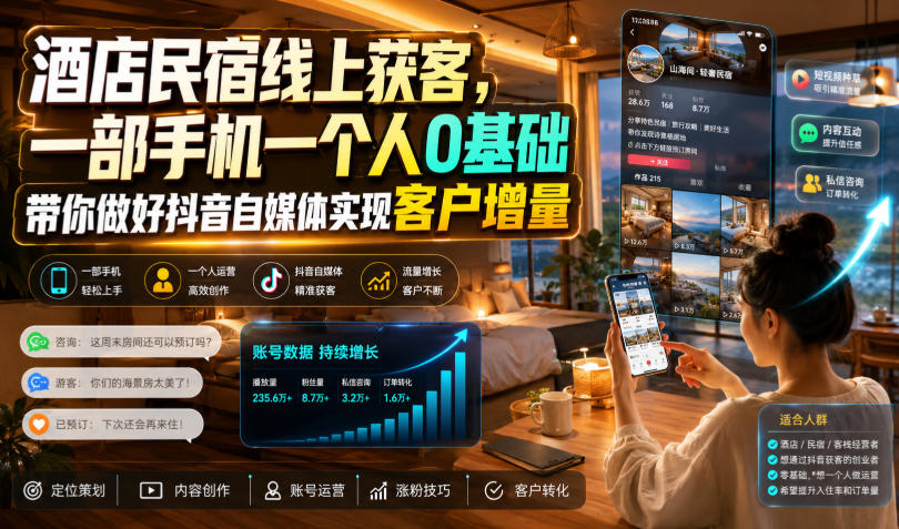 酒店民宿线上获客,一部手机一个人0基础带你做好抖音自媒体实现客户增量